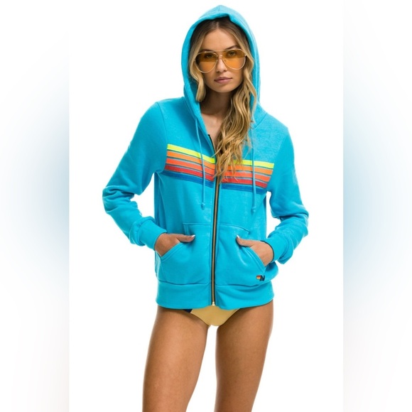 AVIATOR NATION 5 STRIPE HOODIE - NEON BLUE // NEON RAINBOW | EUC!!🩵🌈🩵🌈 - Picture 1 of 13
